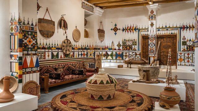 Traditional decorated interior with colorful geometric wall paintings, woven baskets and rugs, carved wooden door and pottery in a museum-style exhibit