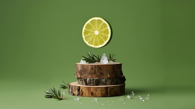 Fresh Lime Slice Levitating Above Stacked Wood Slices with Rosemary and Ice.