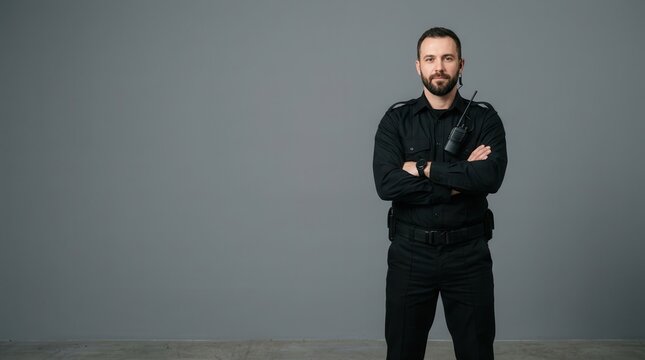 Security guard in black uniform with a communication radio