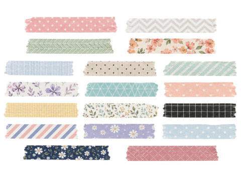 Washi tape collection in various patterns and colors. decorative adhesive paper strips.