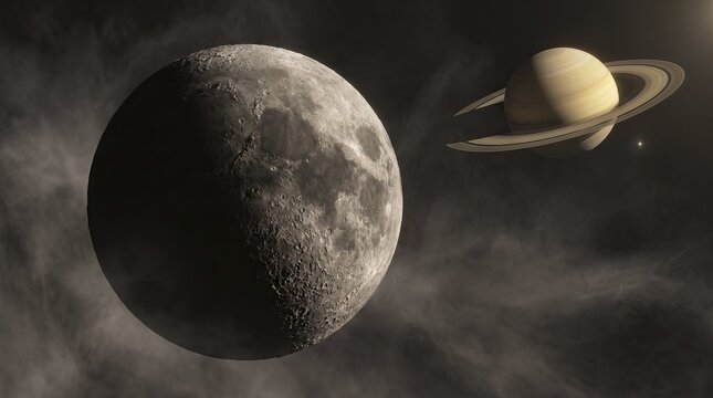 The Moon and Saturn planets orbiting in a dark cosmic nebula with subtle atmospheric glow and a distant star