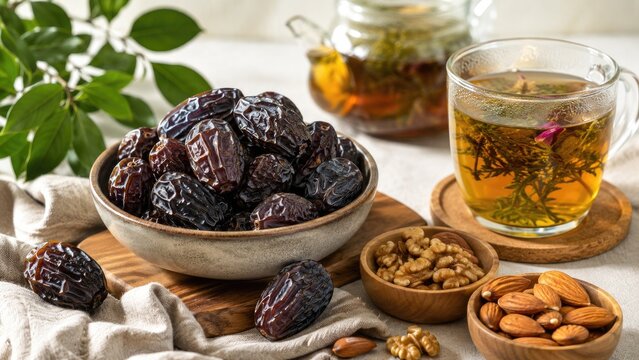 Bowl of glossy Medjool dates with almonds, walnuts and a glass cup of herbal tea on a wooden board, rustic healthy snack still life