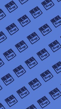 Film director clapperboard doodle seamless pattern on an abstract vertical blue background animation for movie slate symbol wallpaper and film production backdrop design.