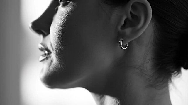 Close up profile of woman wearing silver hoop earring with dramatic lighting
