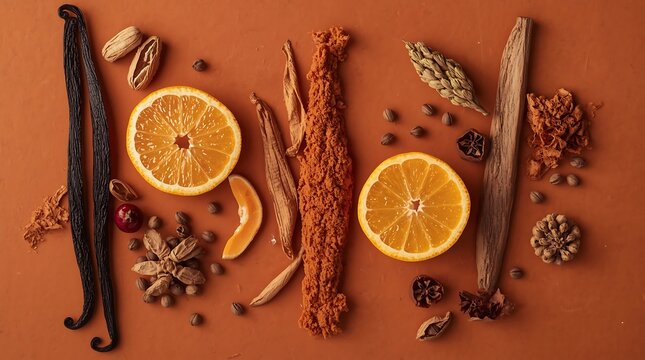 Aromatic Spices and Dried Citrus Slices Arranged Artfully on a Warm Orange Background.
