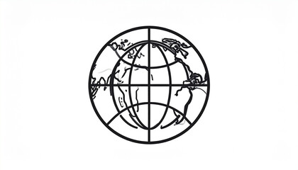Minimalist black line art of a world globe with continent outlines and geographic grid lines © Bakeke
