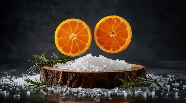 Two Halves of a Fresh Orange Floating Above a Pile of White Crystals and Rosemary Sprigs.