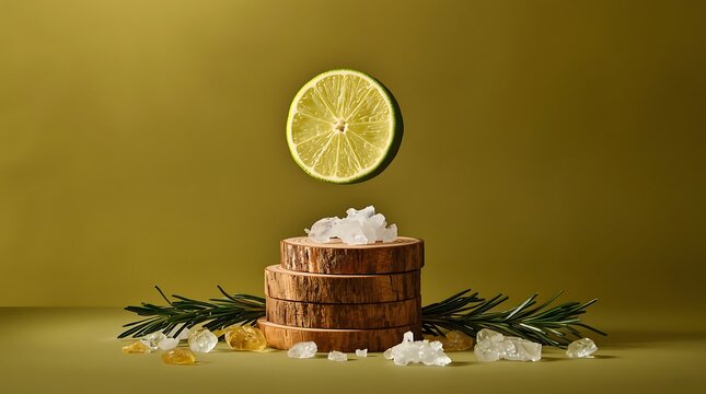Refreshing lime slice levitating above a stack of wooden coasters with rosemary and sea salt.