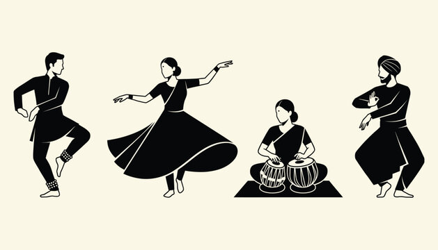 Khatak Indian classical dancers and tabla musician silhouettes in minimalist vector style
