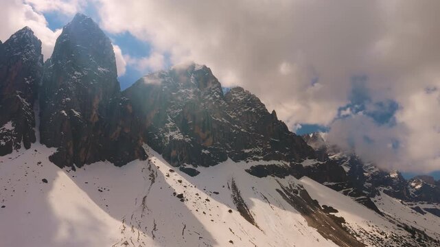 Cinema delle Odle rock formations within the iconic Puez-Geisler area. Mountain aerial view, Dolomites