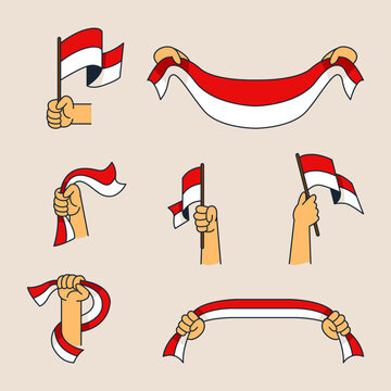 Various Hand Holding Red White Flag
