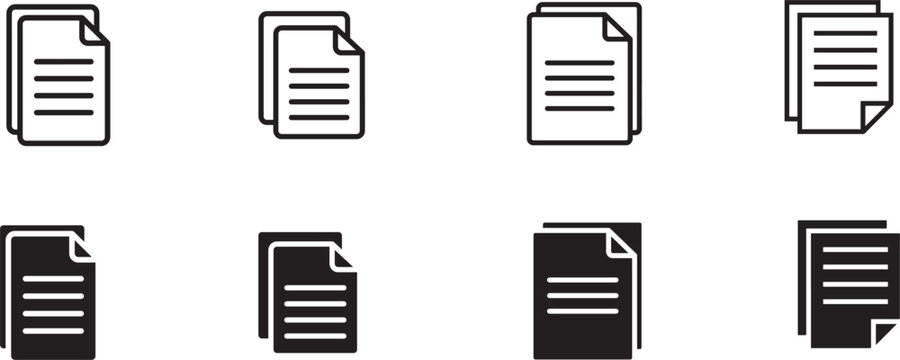 Set of eight document and file page icons for office documentation with document