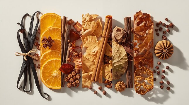 Aromatic Spices and Dried Fruits Arranged Artfully on a White Surface.