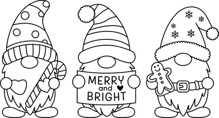 Adorable Christmas gnomes with holiday treats in a joyful line art style for coloring book pages with clean lighting. © MdNasir