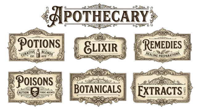 Set of Vintage Apothecary Labels Featuring Ornate Decorative Frames and Classic Typography for Medicinal and Botanical Products