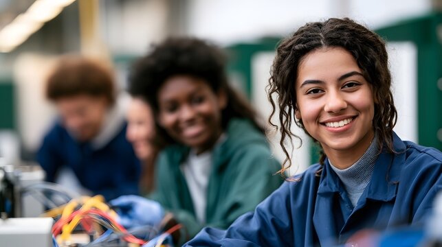 Young woman smiling while working on technical equipment with classmates in a workshop setting