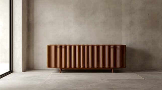 Modern wooden sideboard with ribbed texture in a minimalist interior setting.