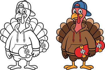 Cool hip hop Thanksgiving turkey character wearing hoodie and cap holding red skateboard vector © Alif