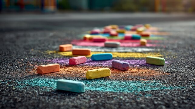 creativity and childhood expression. Colorful chalk pieces scattered on asphalt surface, vibrant drawings and patterns visible in outdoor playground setting
