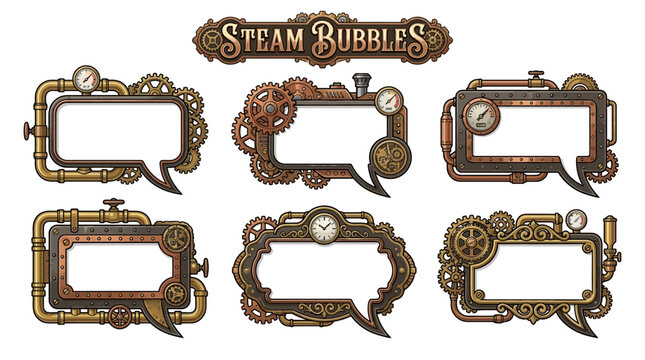 Decorative Steampunk Themed Speech Bubble Frames Collection Featuring Industrial Mechanical Gears Pipes and Vintage Gauge Designs
