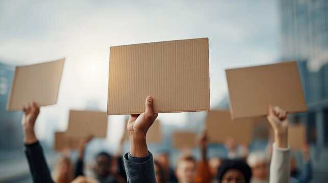 eco protest. Diverse group of people holding blank cardboard signs during a peaceful protest in an urban setting with buildings and sunlight in the background
