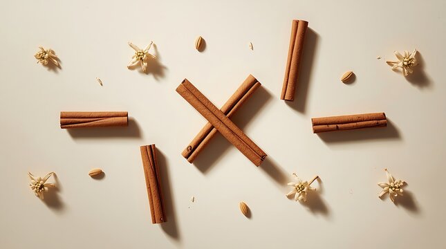 Cinnamon sticks and dried flowers arranged in a cross shape on a light background.