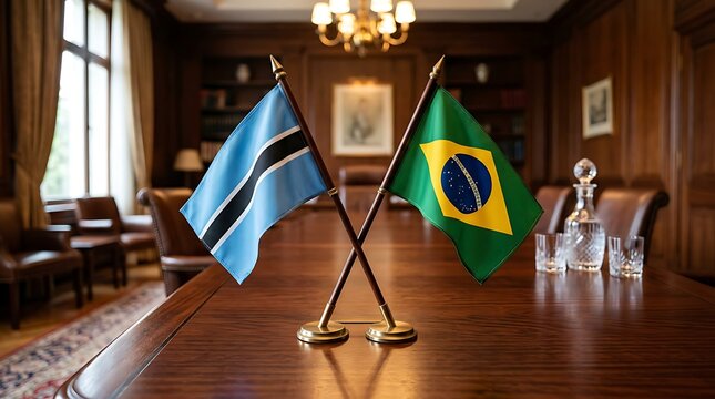 Small flags of Botswana and Brazil on wooden table for international meeting or diplomatic agreement