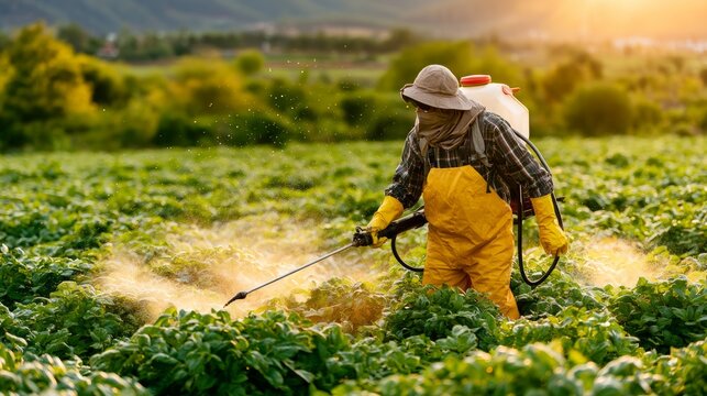Farmer Spraying Pesticide in a Vast Agricultural Field at Sunset