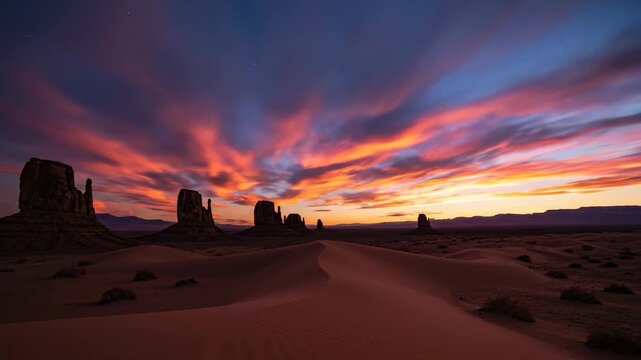 Vibrant hues paint the expansive sky above the iconic desert rock formations at Monument Valley as the sun dips below the parched horizon during a breathtaking and peaceful colorful evening