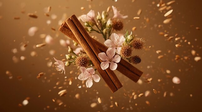 Cinnamon Sticks and Delicate Flowers Floating in a Warm Golden Light.