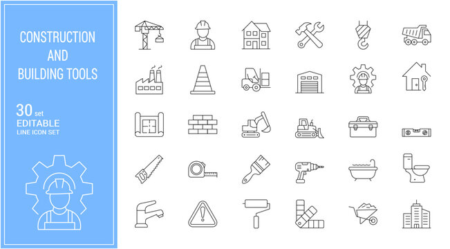 Construction and Building Tools Editable Stroke Line Icons Set