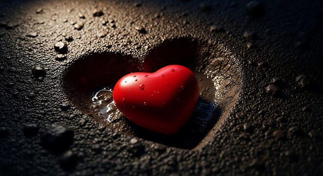Red heart nestled in a concave imprint on dark, textured ground, suggesting depth and embedded emotion