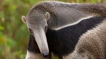 Naklejka premium Close-up portrait of a giant anteater with a long snout and distinctive black-and-white fur texture