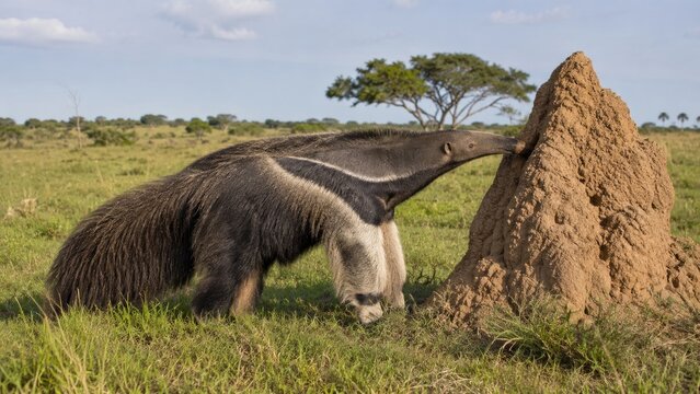 Giant anteater foraging at a termite mound in grassy savanna, long snout and bushy tail clearly visible