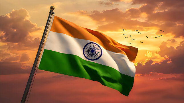 Waving flag of india against a beautiful sunset sky