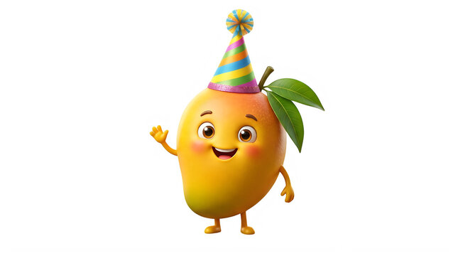Cute cartoon mango character wearing a colorful party hat waving hello