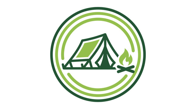 Minimalist camping tent and campfire icon inside circular frame.