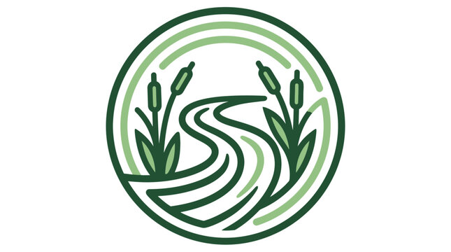 Minimalist circular icon illustration of a winding river landscape with reeds.