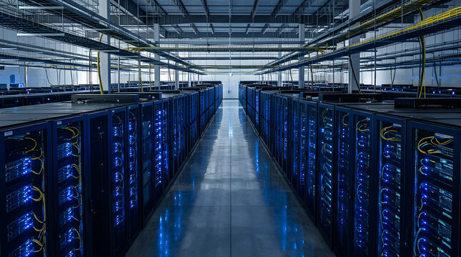 Wide angle view of a large scale data center with rows of server racks and overhead cable management
