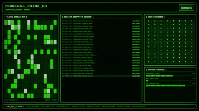 Terminal Prime OS Global Threat Map Hacker Exploit Console Animation System Override Loop Background.
