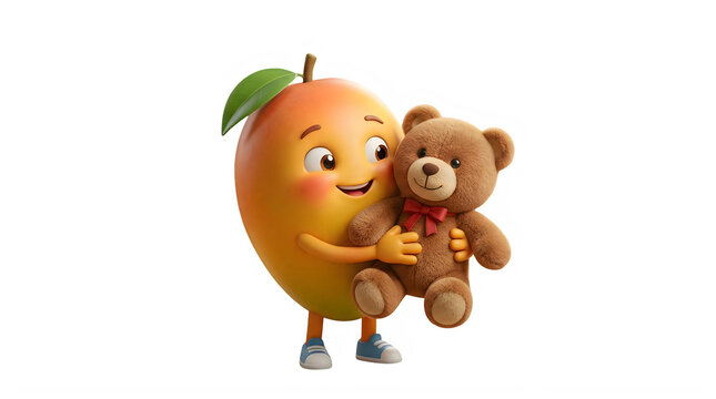 Cute mango character hugging a brown teddy bear