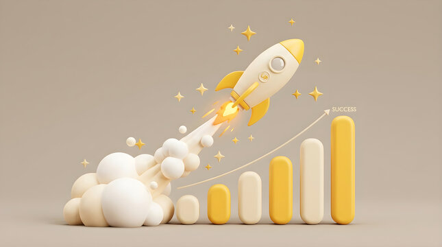 3d render of a rocket launching with stars and a success arrow over a growing bar chart