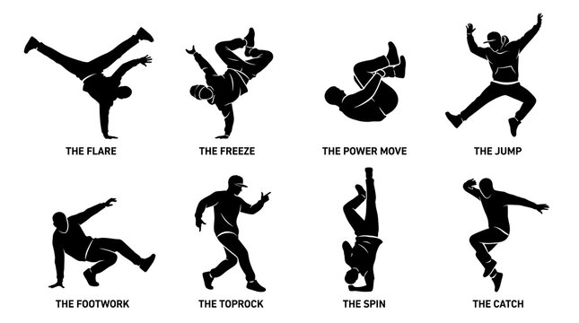 Eight black silhouettes of men performing hip hop dance moves on white background male dancer dancing