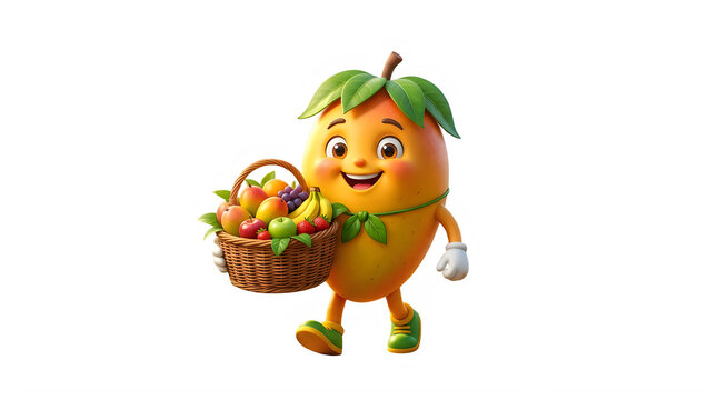 Cute mango fruit cartoon character holding a woven basket full of fresh colorful fruits and walking happily