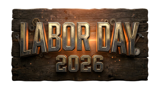 Labor day 2026 metallic text sign on wooden background