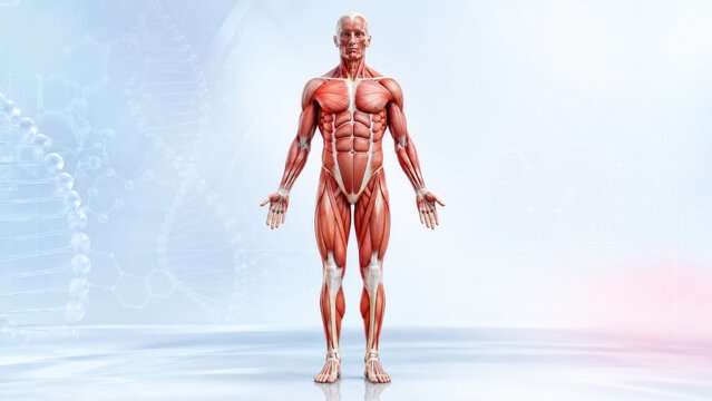 Realistic full-body anatomical illustration of the human muscular system, frontal view showing superficial muscles and tendons for medical and educational use