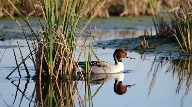A male northern pintail duck swims gracefully through the tranquil waters of a serene wetland environment while surrounded by dense green reeds during a calm and peaceful golden afternoon period