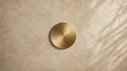 Obraz premium Gold coin on beige fabric texture background. Shiny metallic currency or investment asset on soft linen surface for finance and wealth concepts.