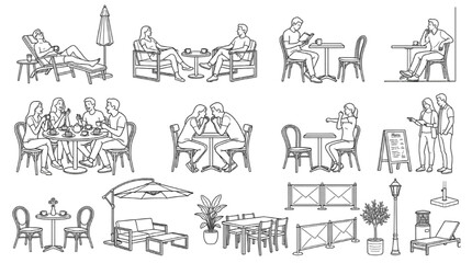 Obraz premium Outdoor Cafe Furniture Architectural CAD Vector Elements Collection Set