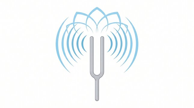 Tuning fork emitting sound waves. Acoustic resonance illustration showing vibration frequency.